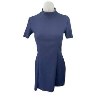 Zara Navy Blue Mock Neck Short Sleeve Stretch Pleated Mini Bodycon Dress Size S